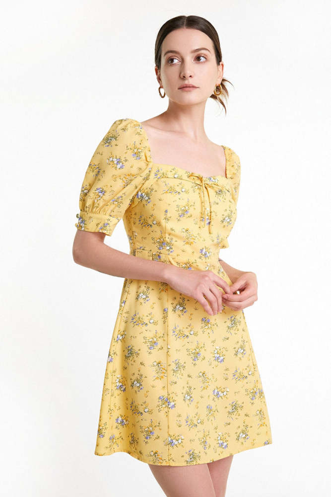 Flash Sale                Yellow Floral Print Smocked Tiered Hem Mini Dress