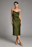 Dark Green Satin Faux-Pearl Strap Cowl Neck Side Slit Midi Dress