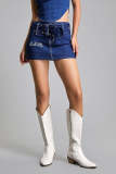 Dark Blue Belted Embroidery Detail Mini Denim Skirt