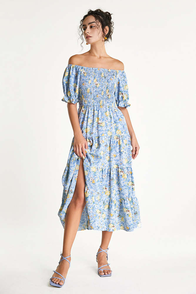 Light Blue Off-the-Shoulder Floral Print Smocked Midi Dress