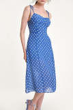 Steel Blue Polka Dot Tie Strap Slit Hem Midi Dress