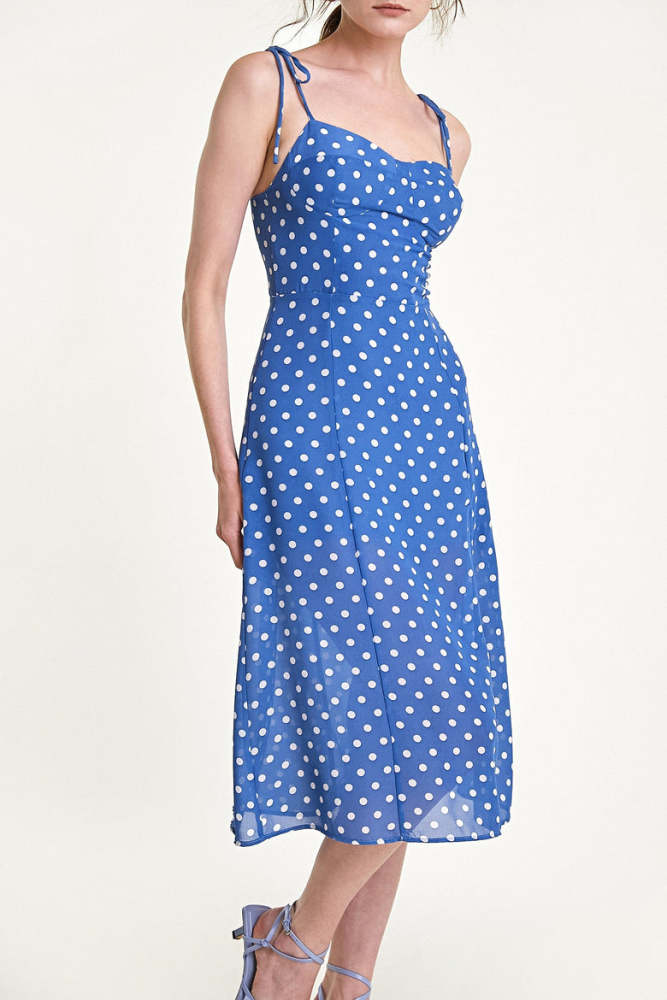 Steel Blue Polka Dot Tie Strap Slit Hem Midi Dress