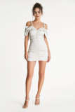 Ivory Ruched Off-the-Shoulder Bodycon Mini Dress