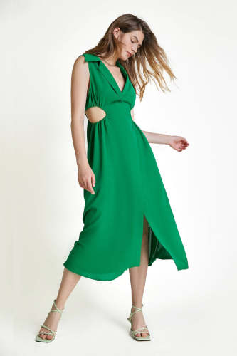Green Waist Cut Out Sleeveless Midi Dress