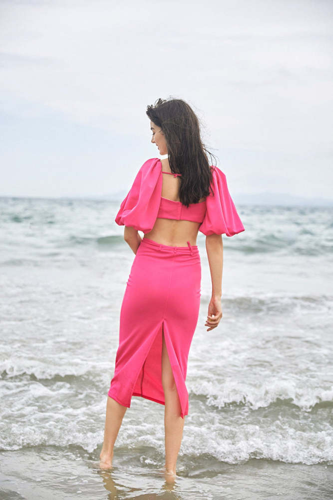 Deep Pink Puff Sleeve Crop Top & High-Waisted Midi Skirt Two-Piece Set