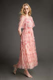 Pink Ruffled Smocked Floral Print Mesh Maxi Dress