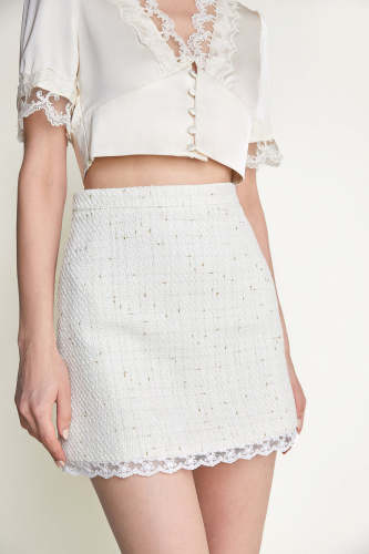 White Lace Hem Tweed Mini Skirt