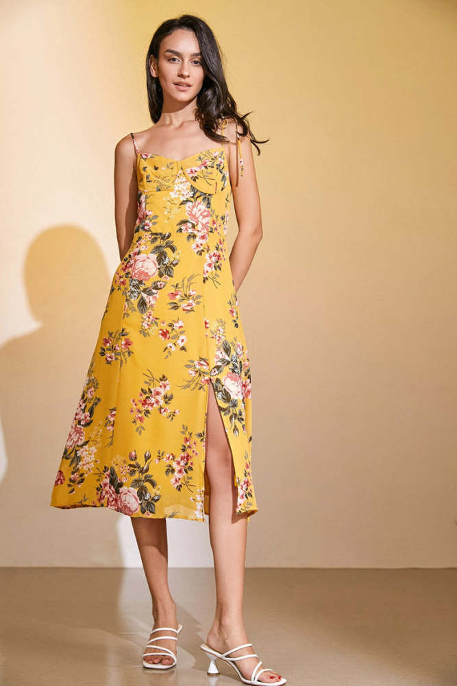 Outlet                Gold Slit Hem Floral Midi Dress