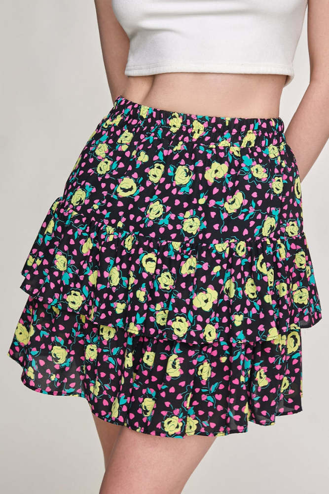 Black Floral Print Elastic Waist Ruffle Tiered Mini Skirt