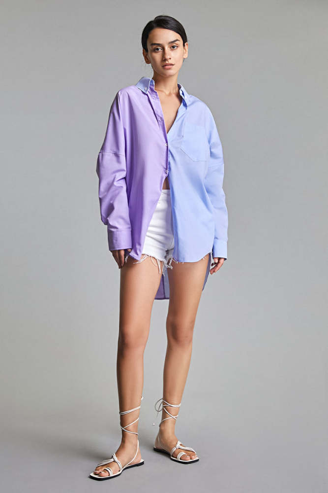 Lavender Color Block Oversized Button-Up Shirt