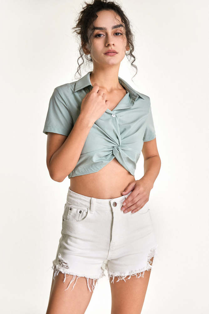 Light Green Twist Front Short Sleeve Cropped Shirt