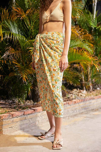 Sea Green Floral Print Faux-Wrap Midi Skirt
