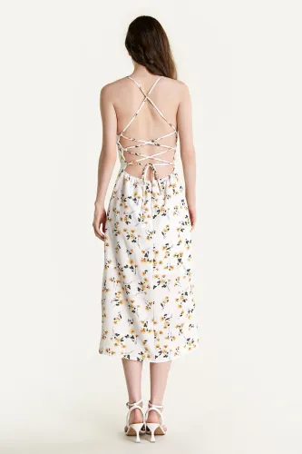 White Floral Print Lace-Up Side Slit Midi Dress