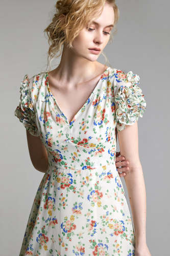 Ivory Floral Print Ruffled V-Neck Midi Dress