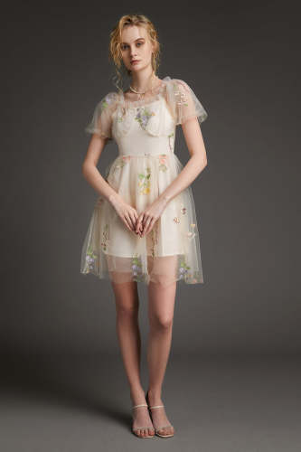 Ivory Floral Embroidery Ruffled Puff Sleeve Tulle Mini Dress