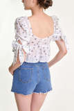 White Floral Print Tie Cuff Cropped Blouse