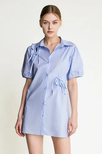 Light Sky Blue Button Front Cut Out Drawstring Shirt Dress