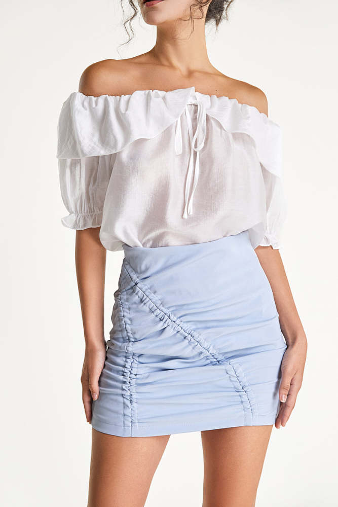 Light Steel Blue Ruched High-Waisted Mini Skirt