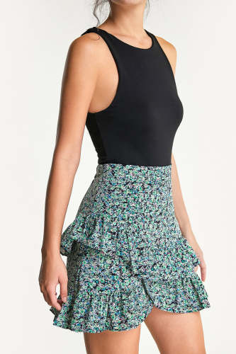 Sea Green Floral Print Asymmetric Ruffle Tiered Mini Skirt