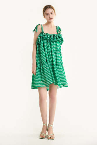 Medium Sea Green Plaid Ruffled Tie Strap Midi Dress