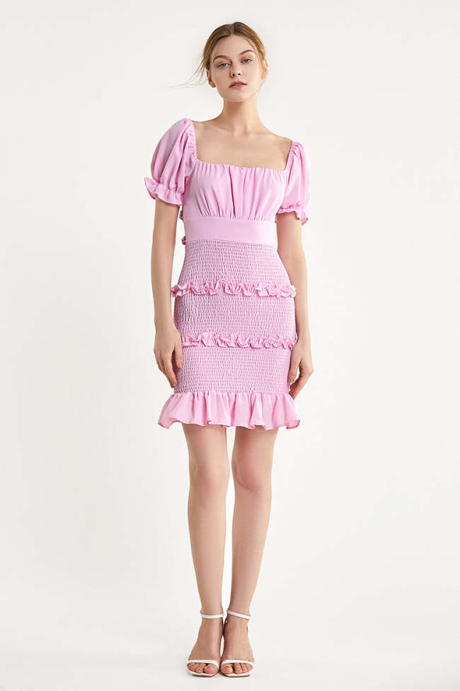 Pink Smocked Ruffled Lace-Up Bodycon Mini Dress