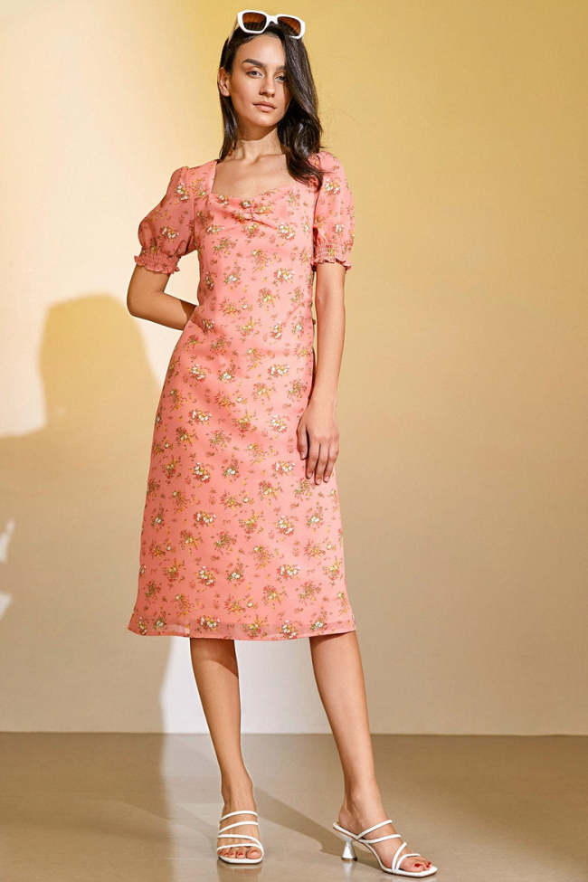 Salmon Short-Sleeve Floral Midi Dress