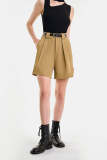 Dark Khaki Belted Pleat Detail Longline Shorts