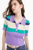 Medium Purple Color Block Polo Collar Rib-Knit Top