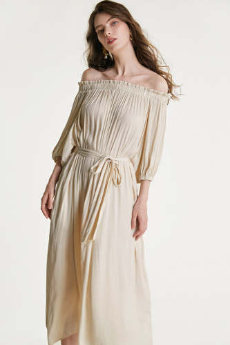 Ivory Off-the-Shoulder Belted Crinkled Puff Sleeve Maxi Dress