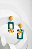 Dark Green Resin Flower Decor Rectangle Earrings