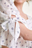 White Floral Print Tie Cuff Cropped Blouse