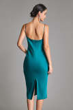 Teal Satin Cowl Neck Button Detail Slip Midi Dress