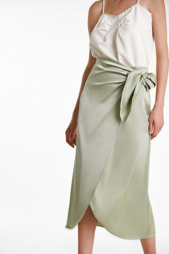 Dark Sea Green Satin Knot Front Overlap Midi Skirt