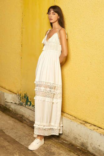 White Crochet Lace Tassel Trim V-Neck Maxi Dress