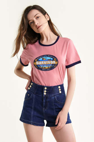 Pink Graphic Contrast Trim T-shirt