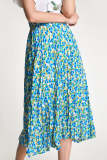 Cadet Blue Floral Print Elastic Waist Crinkled Midi Skirt