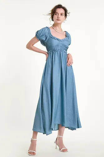 Light Blue Ruffled Pleat Detail Puff Sleeve Maxi Dress