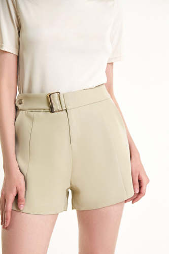Beige High Rise Suit Shorts With Buckle