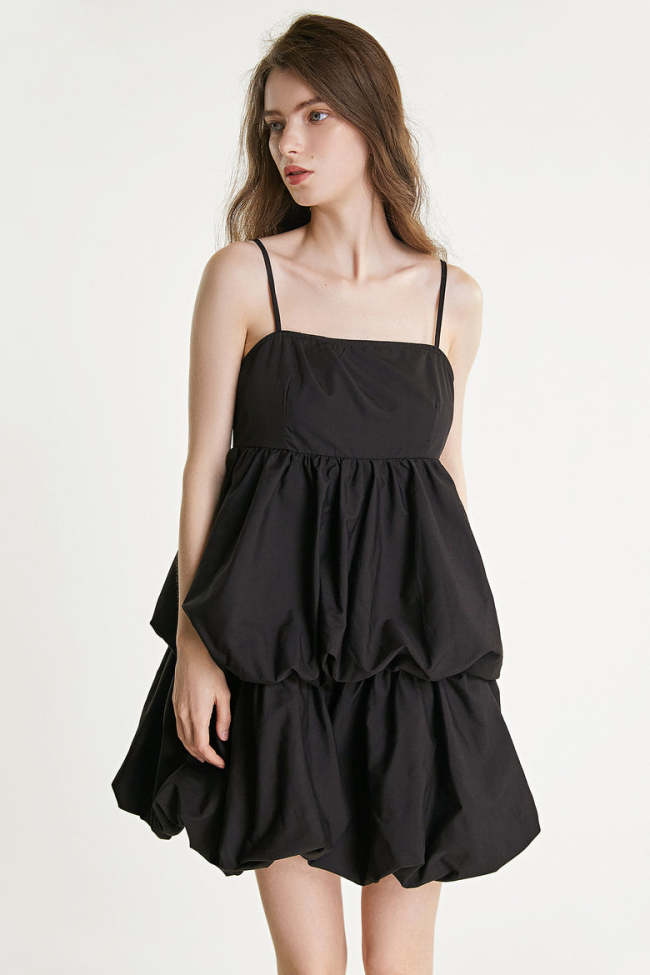 Black Tiered Puffball Mini Dress