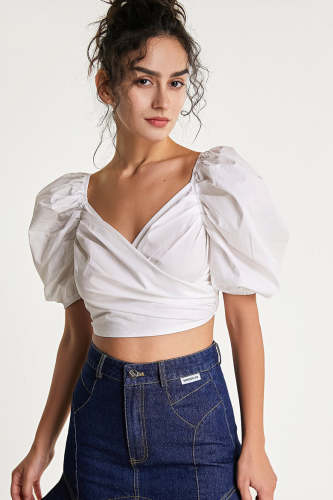 White Puff Sleeve Ruched Crop Top