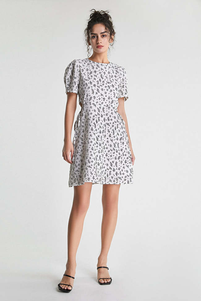 White Floral Print Cut Out Waist Tie Detail Mini Dress