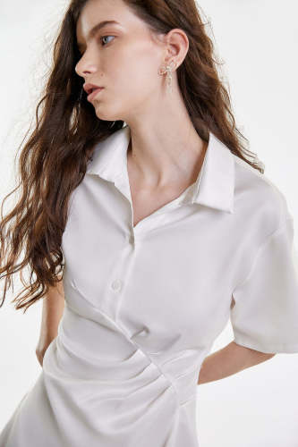 White Ruched Short Sleeve Shirt Dress