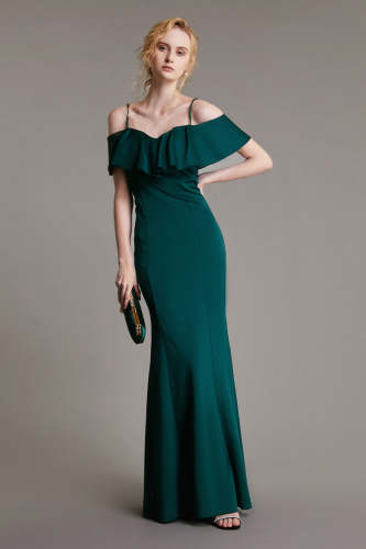Dark Green Ruffle-Trimmed Off-the-Shoulder Maxi Dress