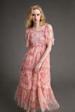 Pink Ruffled Smocked Floral Print Mesh Maxi Dress