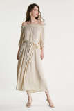 Ivory Off-the-Shoulder Belted Crinkled Puff Sleeve Maxi Dress