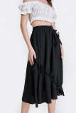 Black Elastic Waist Bowknot Decor Midi Skirt