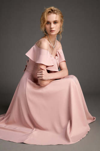 Pink Satin Flounce-Trimmed Off-the-Shoulder Maxi Dress