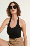 Black Rib-Knit Halterneck Cropped Tank Top