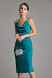 Teal Satin Cowl Neck Button Detail Slip Midi Dress