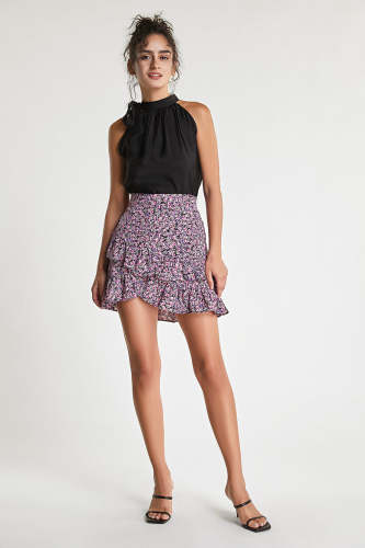 Pink Floral Print Asymmetric Ruffle Tiered Mini Skirt
